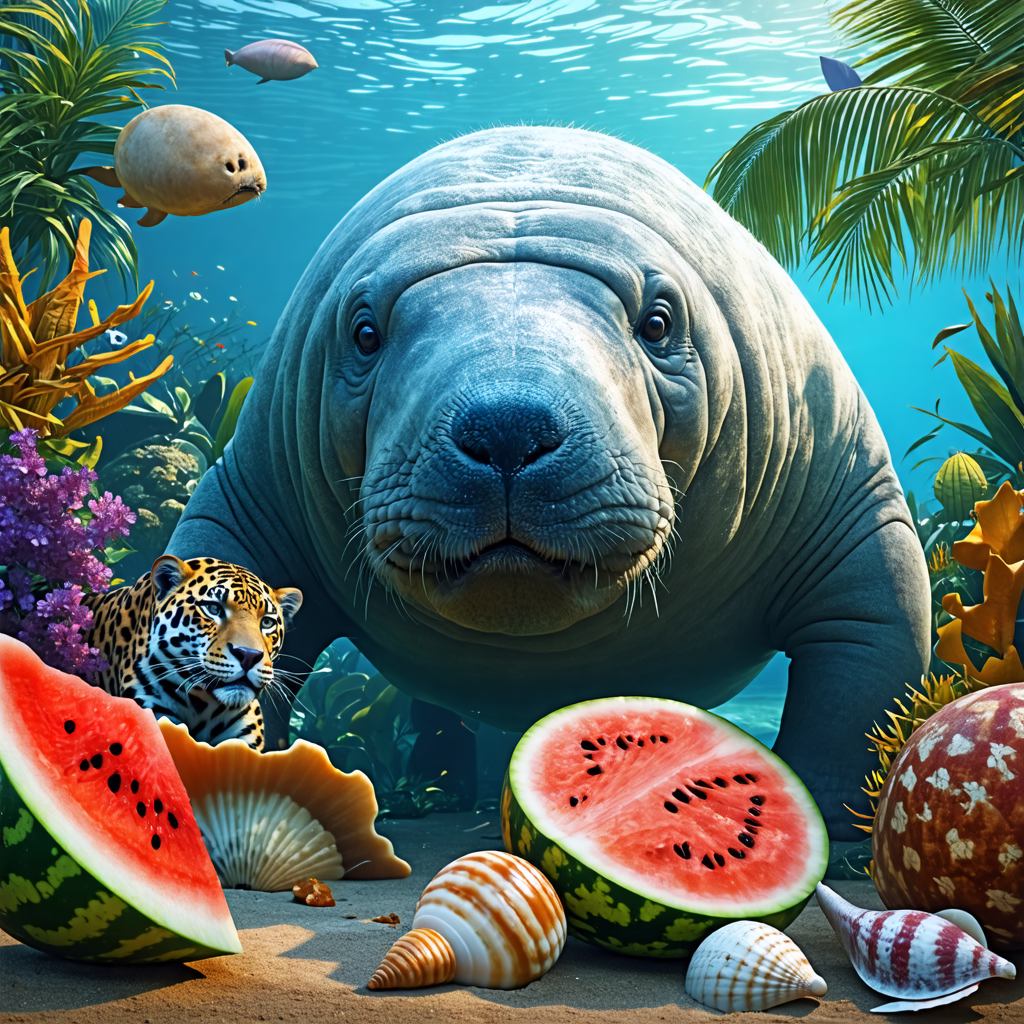 manatee, jaguar, ball, watermelon, seashell, polar bear, scarecrow